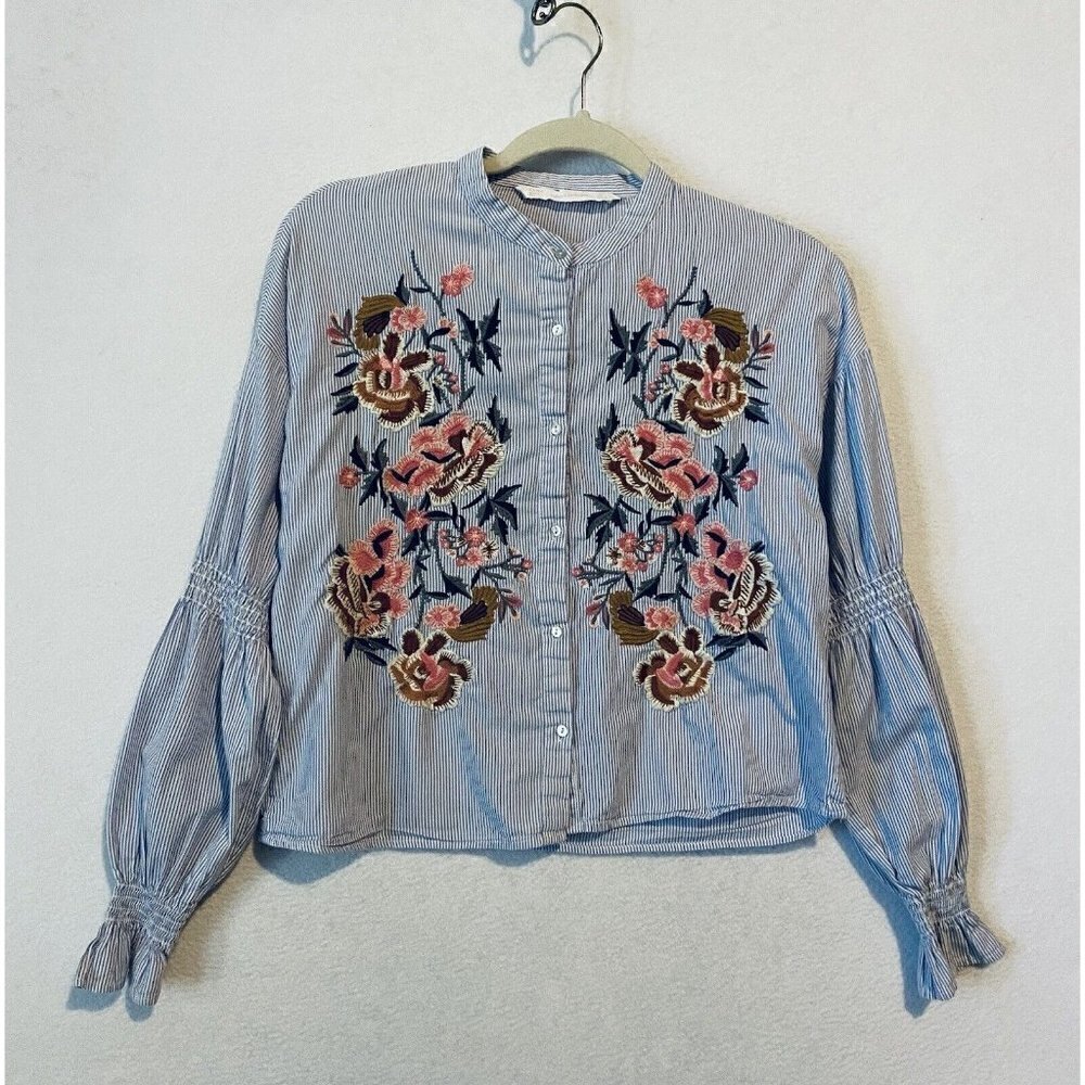 Zara Top Womens Small Blue Striped Floral Embroidered Ruched Sleeve Cropped Boho